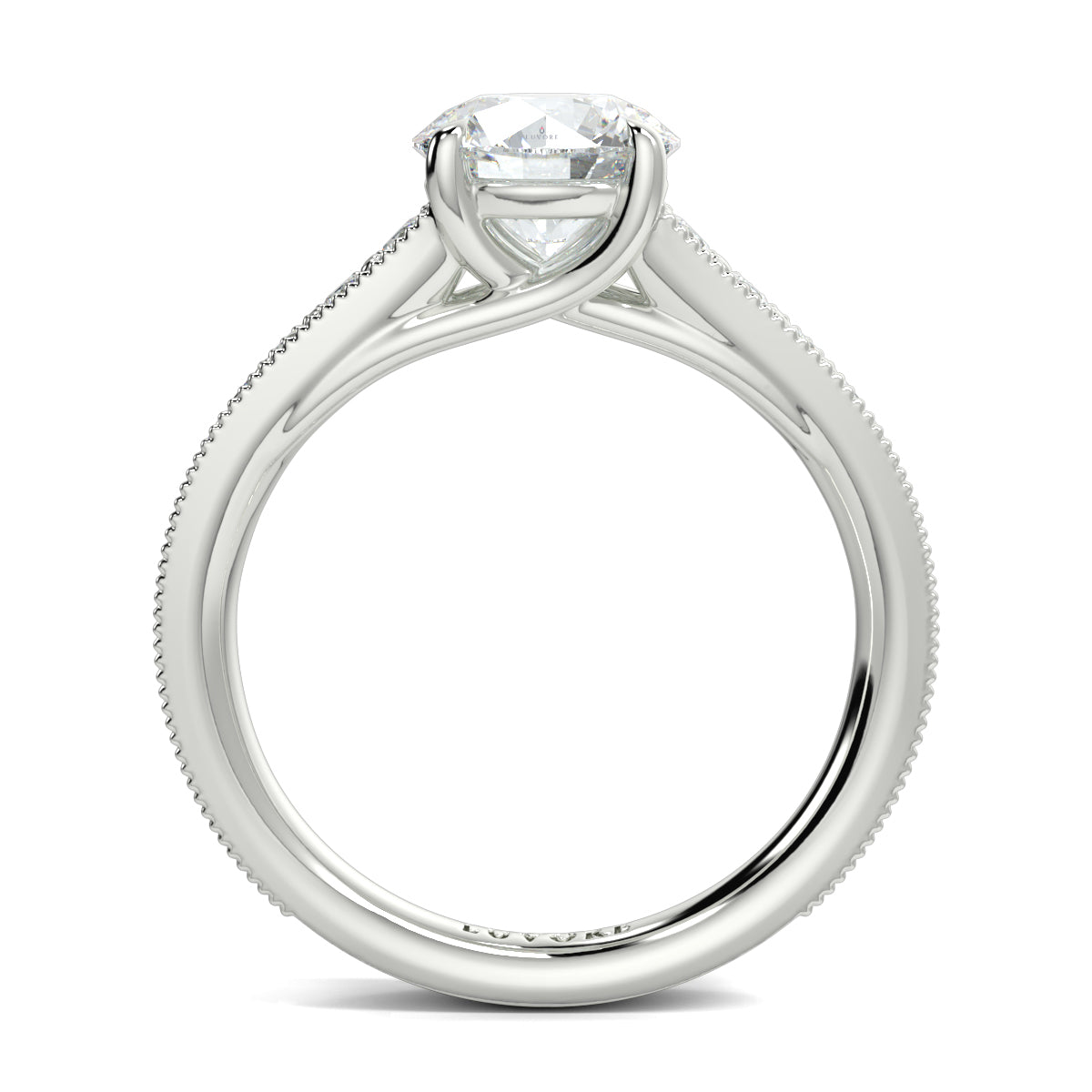 Silver ring with a diamond on a white background yub jewellers platinum side view engagement ring