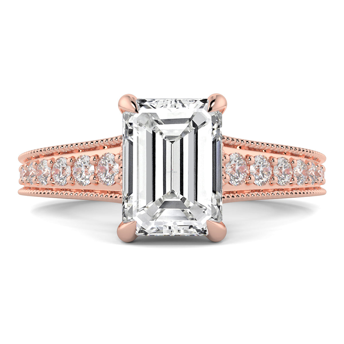 Rose gold ring with emerald-cut diamond and smaller diamonds on a white background yb jewellers platinum grain set engagement ring 