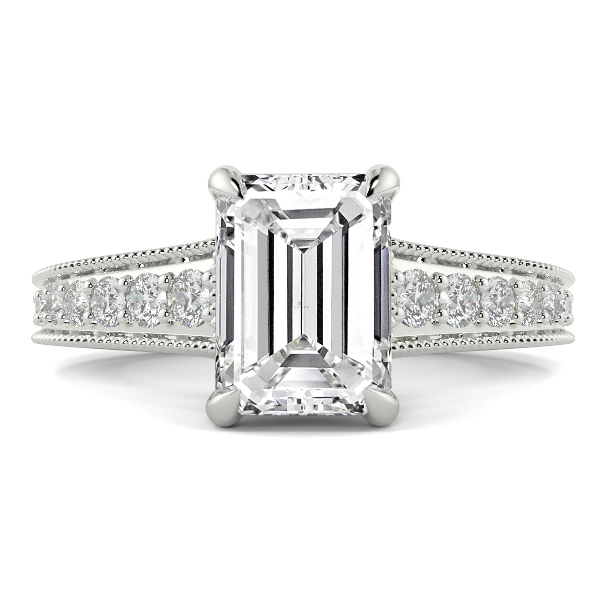 Diamond ring with emerald-cut center stone on a white background yb jewellers platinum grain set engagement ring 