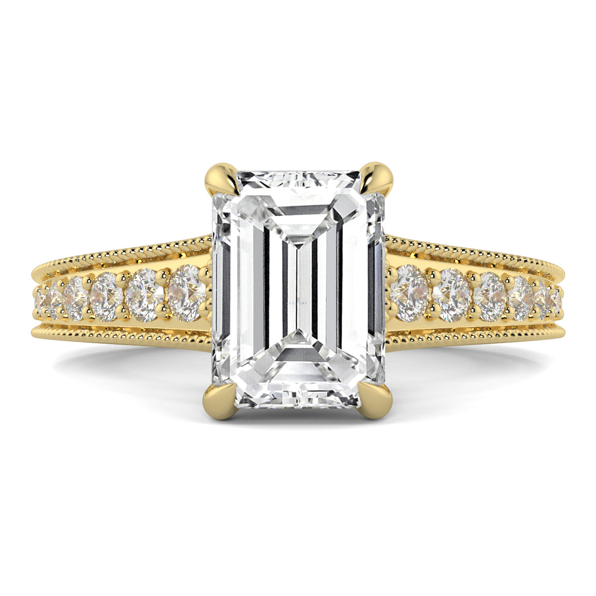 Gold ring with emerald-cut diamond and smaller diamonds on a white yb jewellers platinum grain set engagement ring background