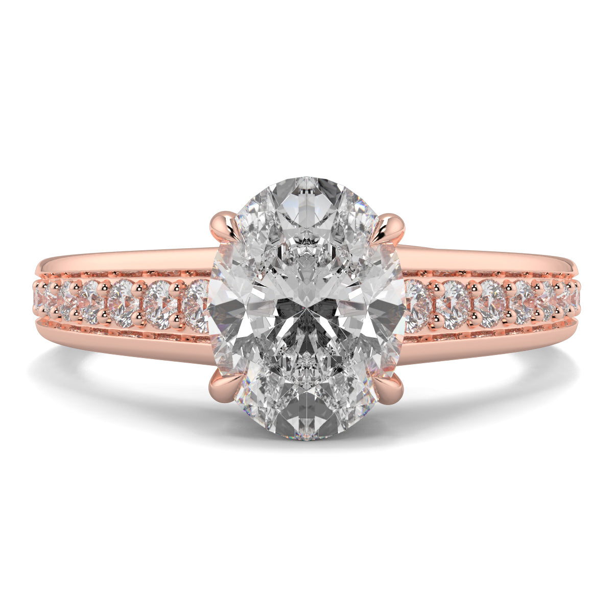 Rose gold ring with a large diamond and smaller diamonds on the band against a white background rose gold yb jewellers engagement ring 