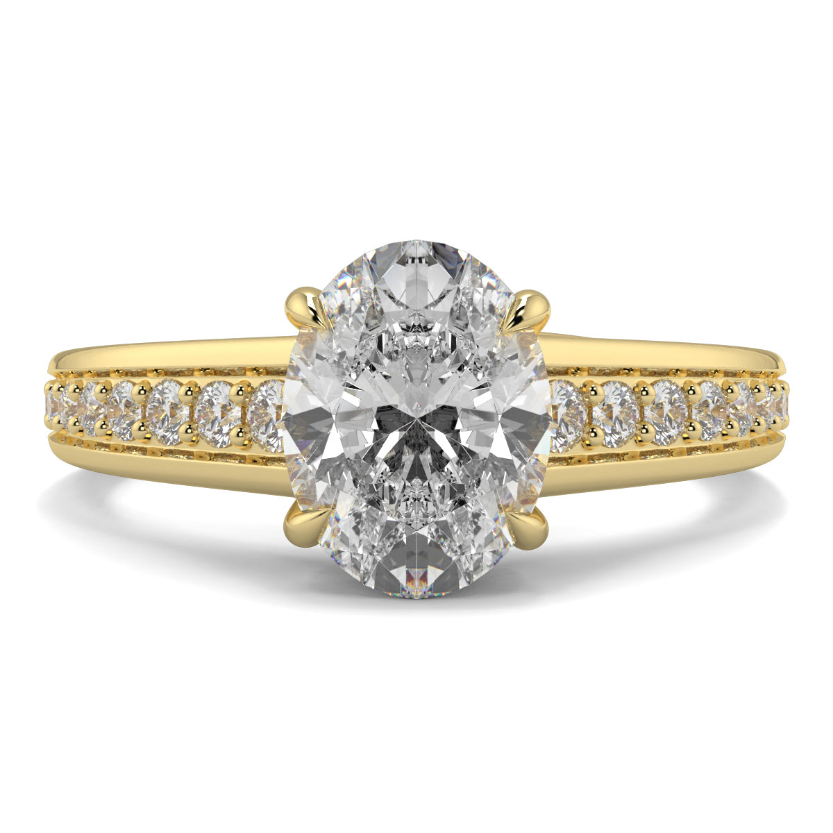 Gold ring with a large diamond and smaller diamonds on the band against a white background yb jewellers engagement ring 