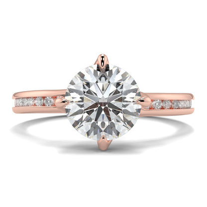 Rose gold ring with a large diamond and smaller diamonds on the band against a white background Yb jewellers engagement ring straight band