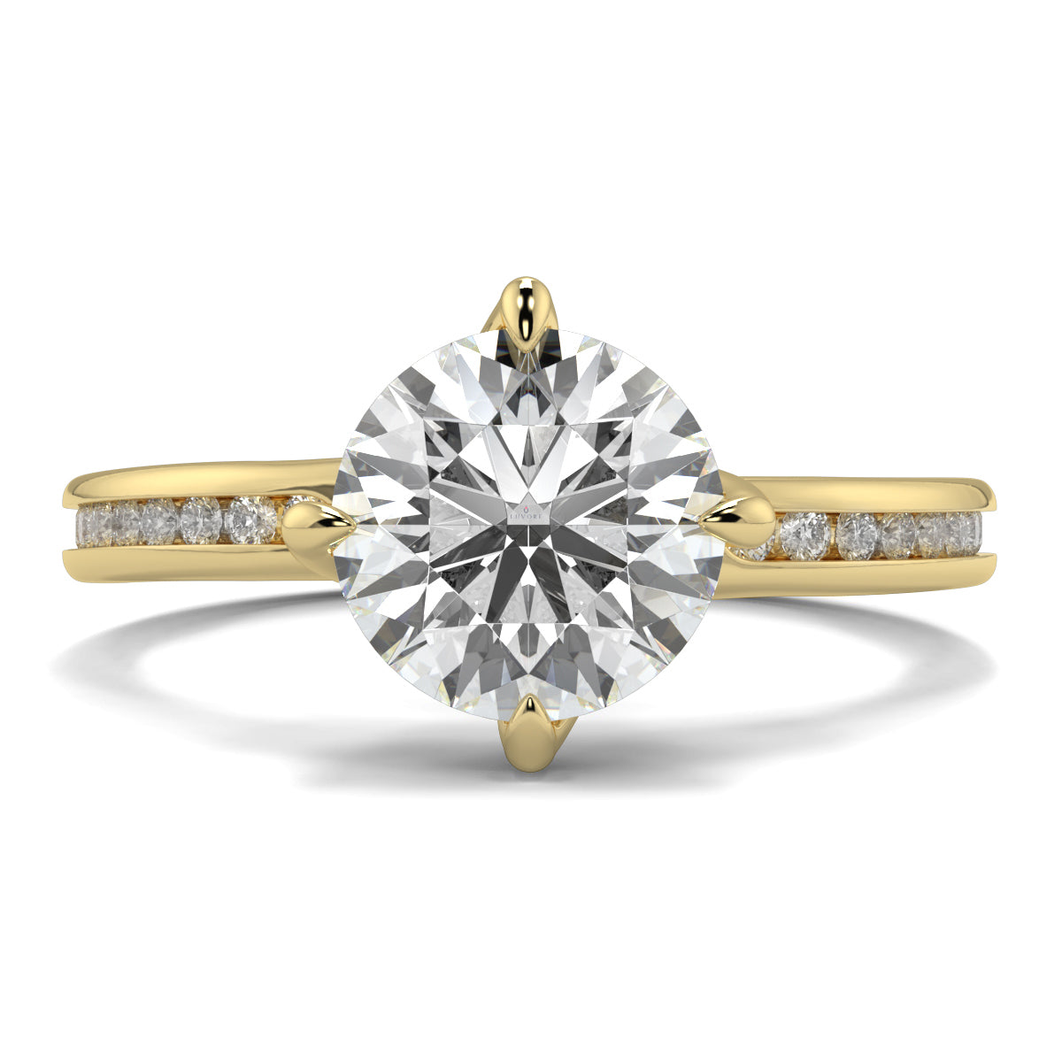 Gold ring with a large diamond and smaller diamonds on the band against a white background Yb jewellers engagement ring straight band