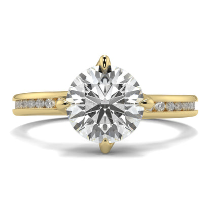 Gold ring with a large diamond and smaller diamonds on the band against a white background Yb jewellers engagement ring straight band