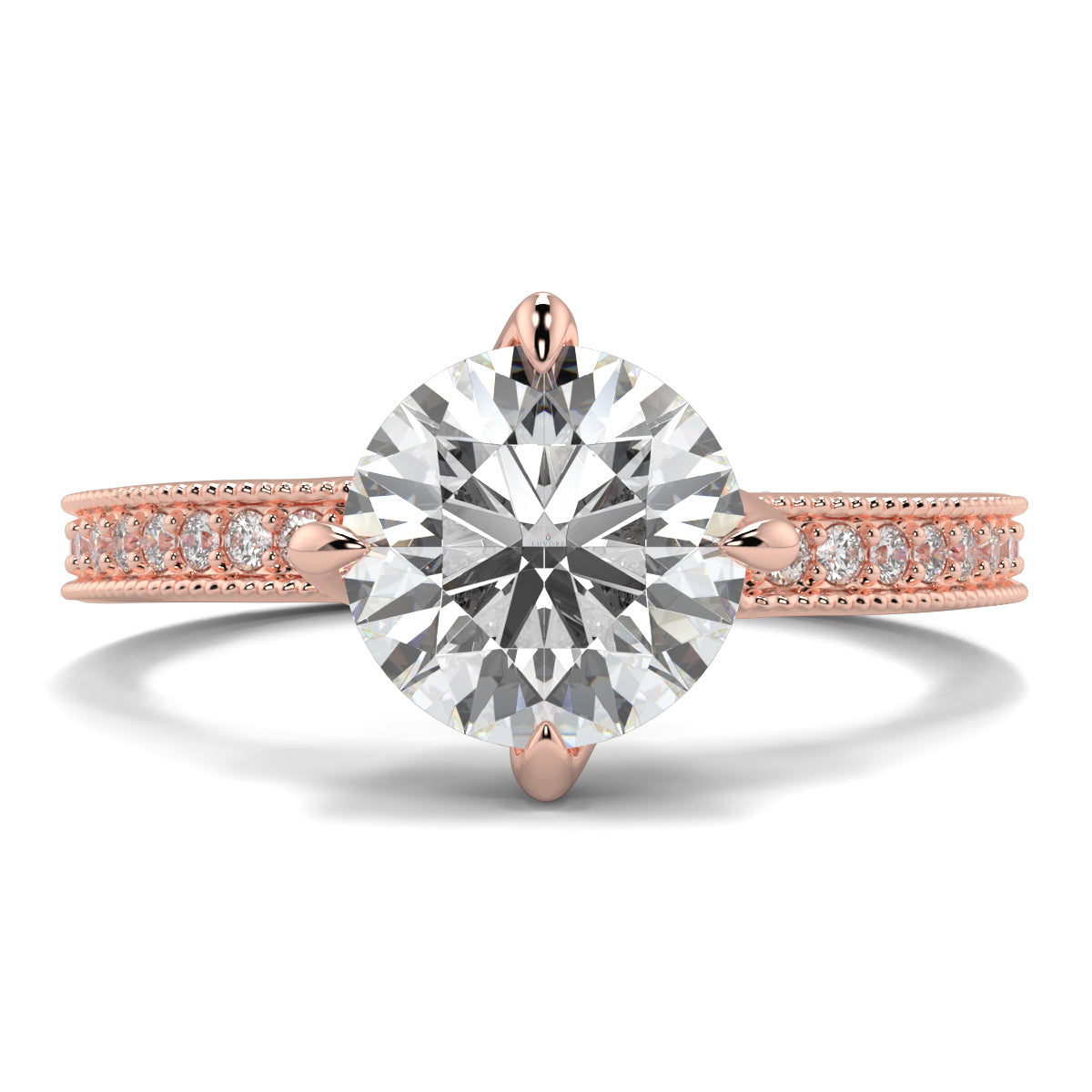 Rose gold ring with a large diamond and smaller diamonds on the band against a white background Yb jewellers engagement ring straight band