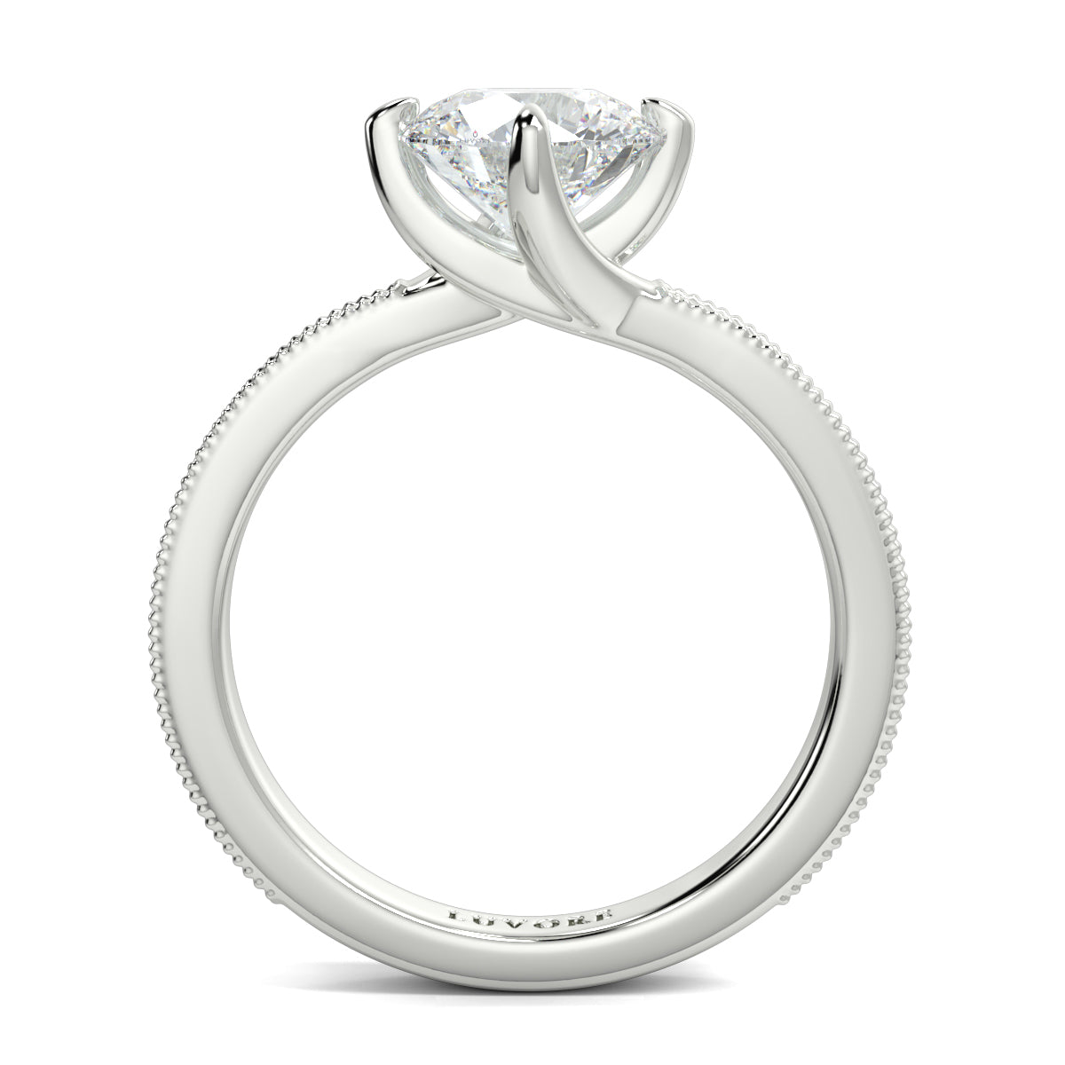 Diamond ring with a white gold band on a white background Yb jewellers engagement ring straight band