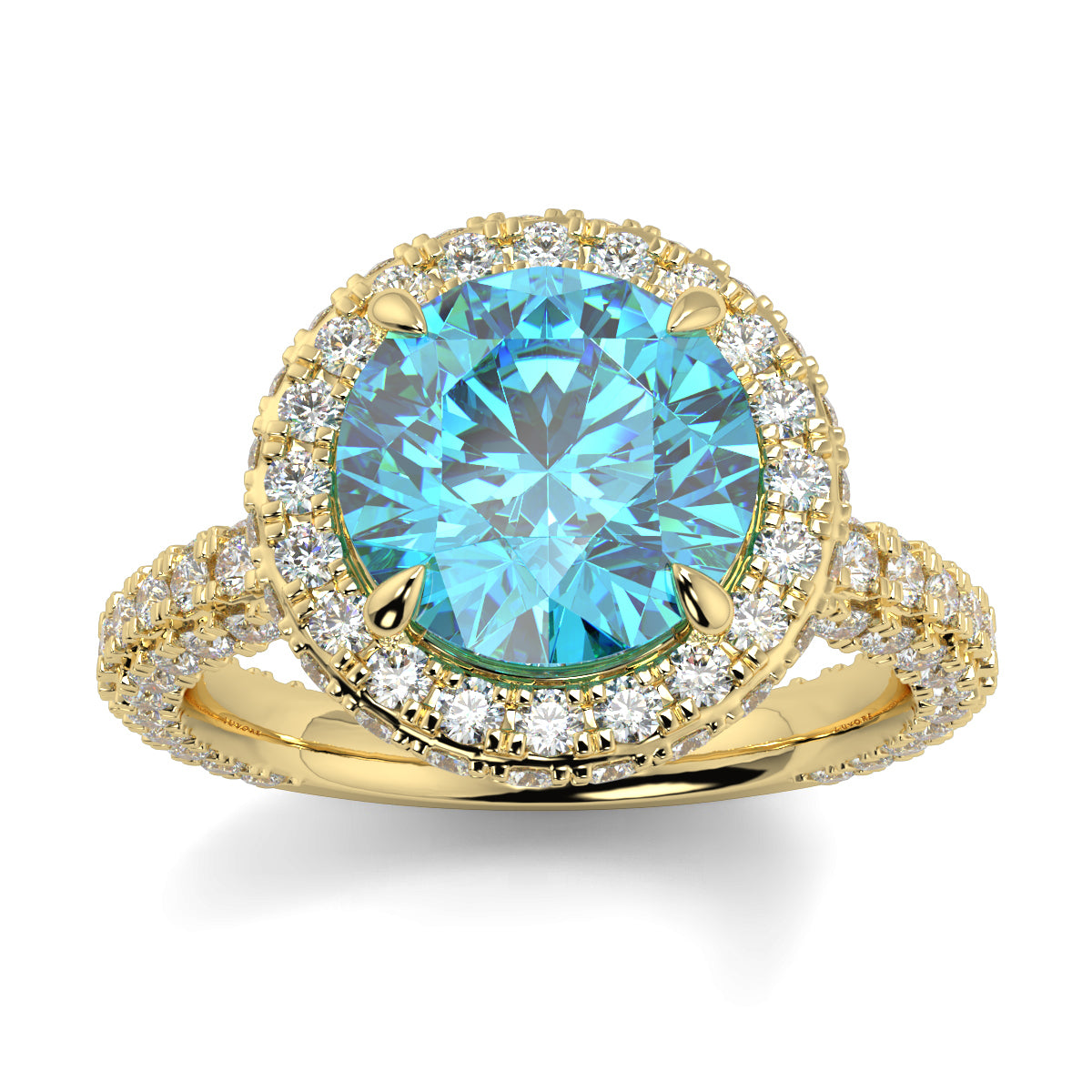 Gold ring with a blue gemstone and diamond accents on a white background yb jewellers round yellow gold halo engagement ring diamond ring