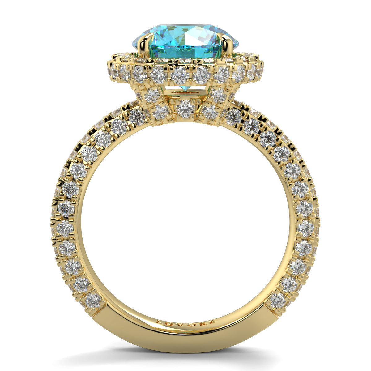 Gold ring with a blue gemstone and diamond accents on a white background yb jewellers round yellow gold halo engagement ring diamond ring
