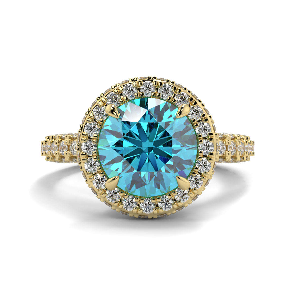 Gold ring with a blue gemstone and diamond accents on a white background yb jewellers round yellow gold halo engagement ring diamond ring