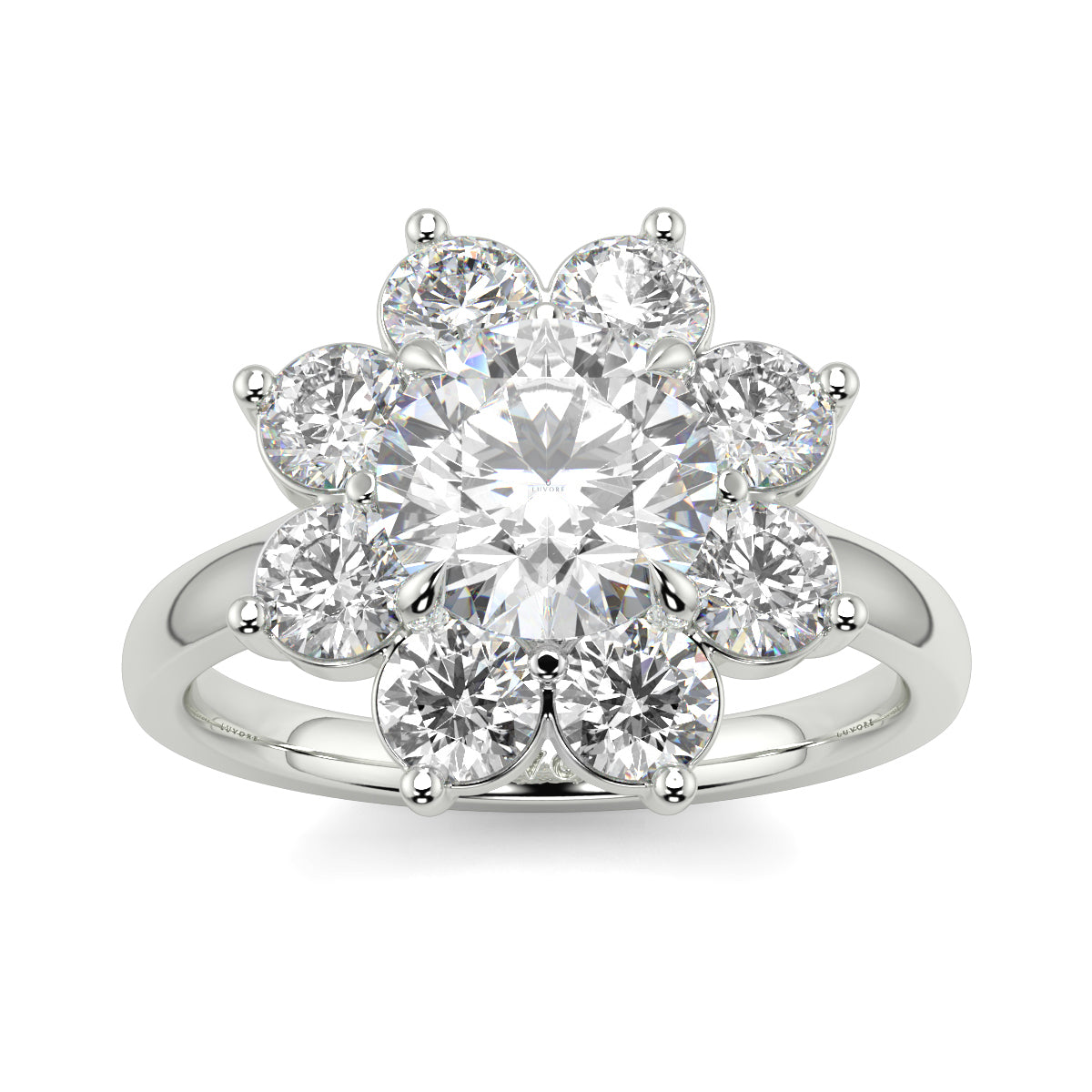 Diamond ring with a floral design on a white background yb jewellers cluster halo ring engagement ring grain set halo round shape plain band