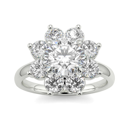 Diamond ring with a floral design on a white background yb jewellers cluster halo ring engagement ring grain set halo round shape plain band