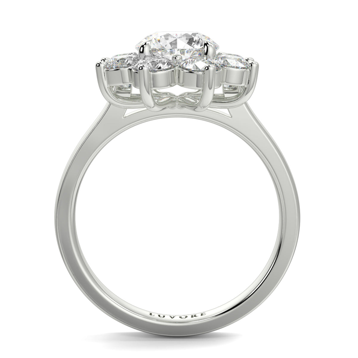 Diamond ring with four-prong setting on a white background yb jewellers cluster halo ring engagement ring grain set halo round shape plain band