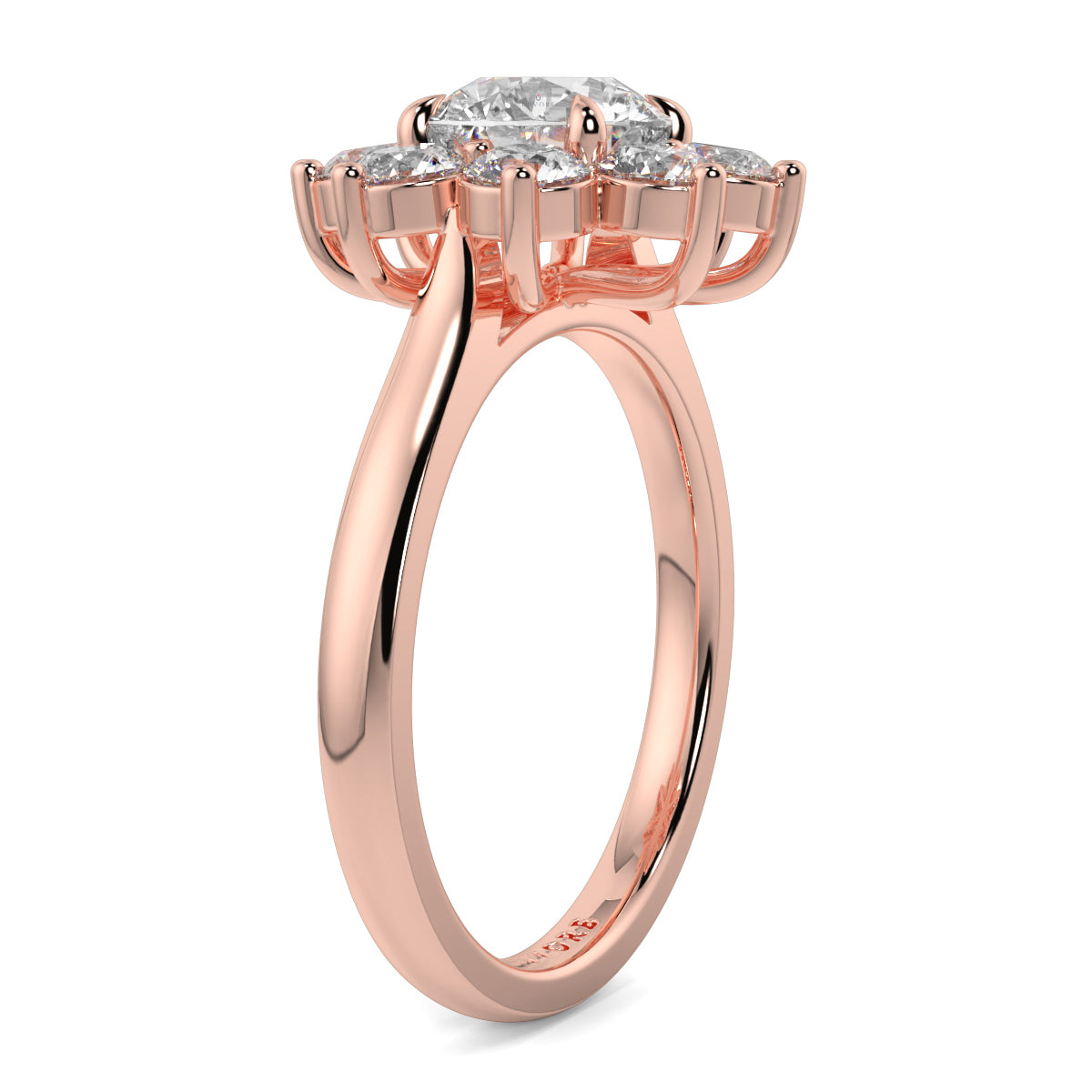 Rose gold ring with a diamond on a white background yb jewellers cluster halo ring engagement ring grain set halo round shape plain band