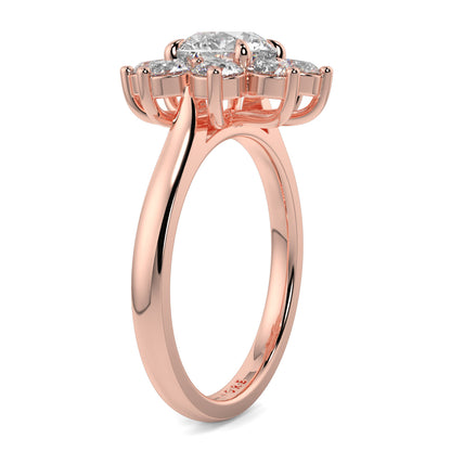 Rose gold ring with a diamond on a white background yb jewellers cluster halo ring engagement ring grain set halo round shape plain band
