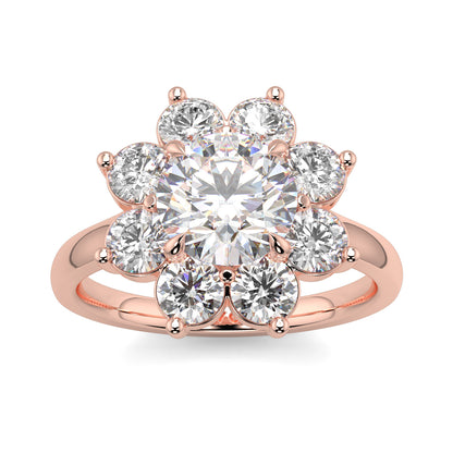 Rose gold ring with a diamond flower design on a white background yb jewellers cluster halo ring engagement ring grain set halo round shape plain band 