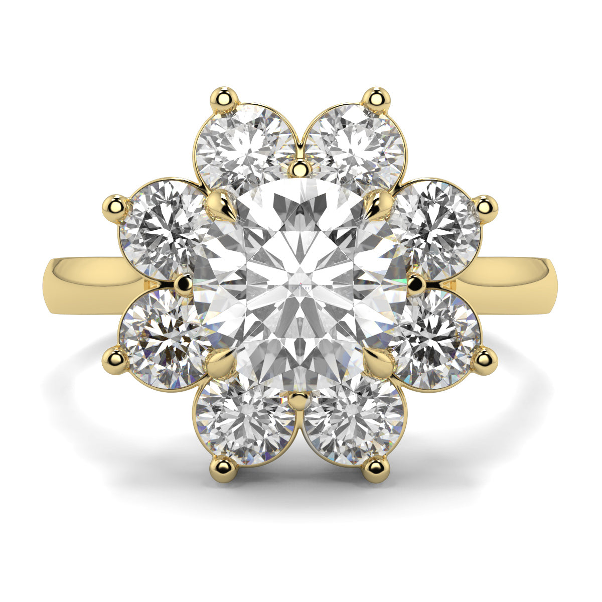 Gold ring with a central diamond and smaller diamonds around on a white background yb jewellers cluster halo ring engagement ring grain set halo round shape plain band