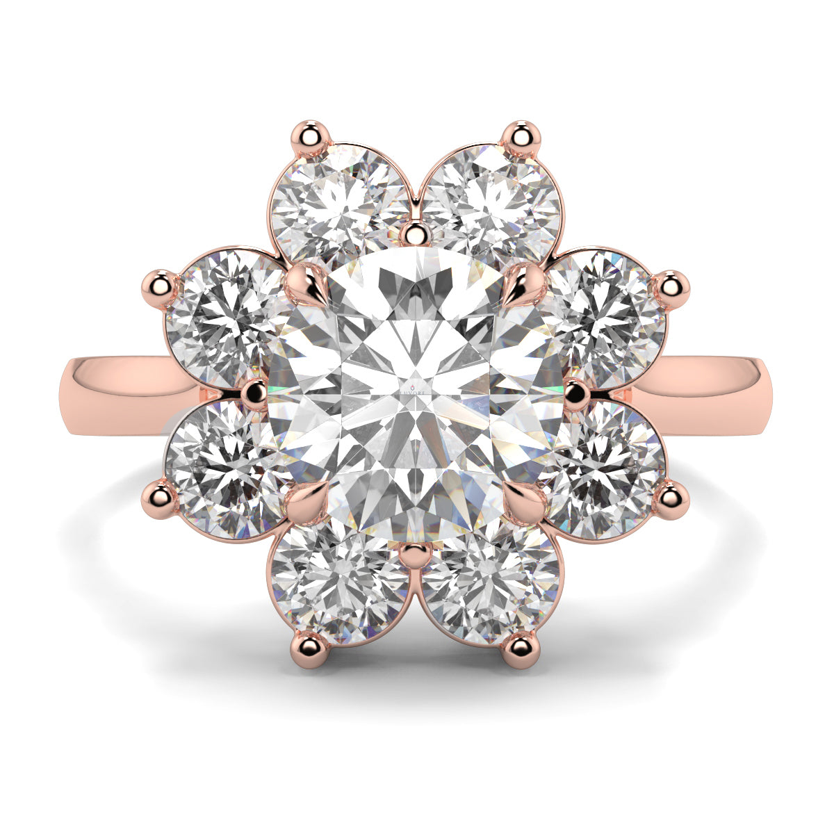 Rose gold ring with multiple diamonds on a white background yb jewellers cluster halo ring engagement ring grain set halo round shape plain band