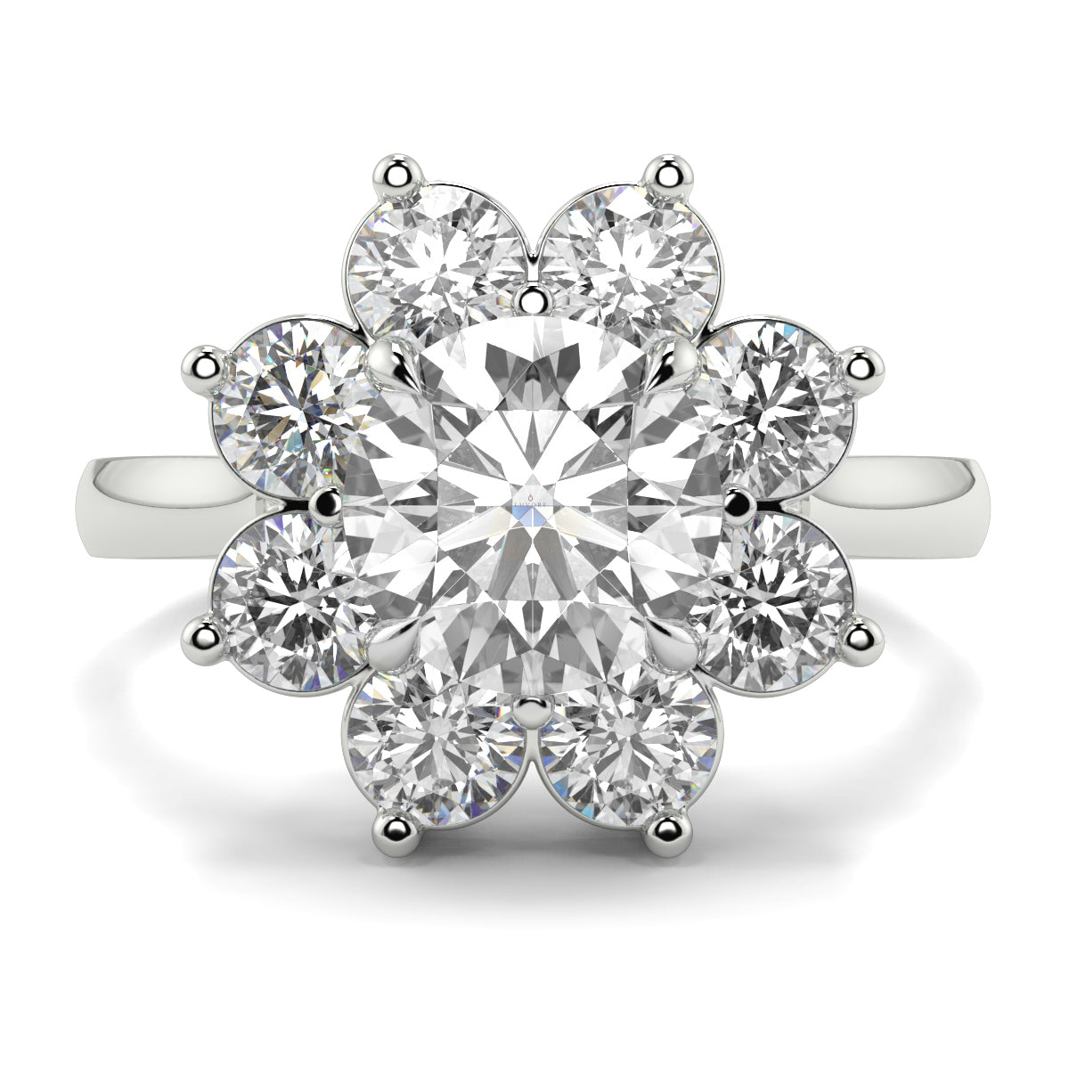 Diamond ring with multiple gemstones on a white background yb jewellers cluster halo ring engagement ring grain set halo round shape plain band