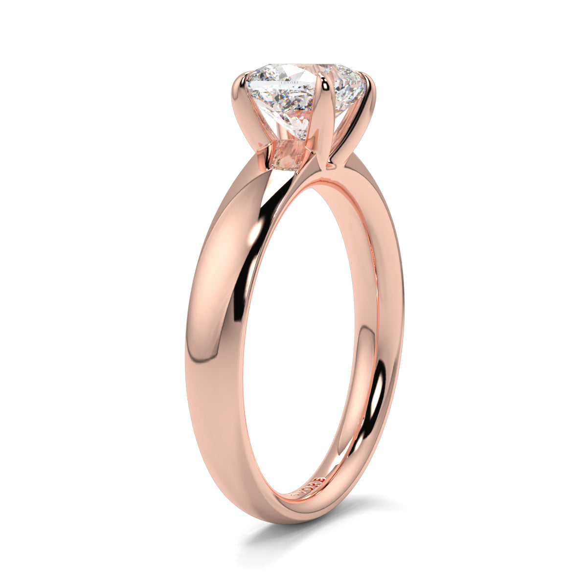 Rose gold ring with a diamond on a white background yb_jewellers_solitaire_engagement_ring_4_claw_diamond_centre_lab_grown_diamond_round_brilliant_best_selling_engagement_ring