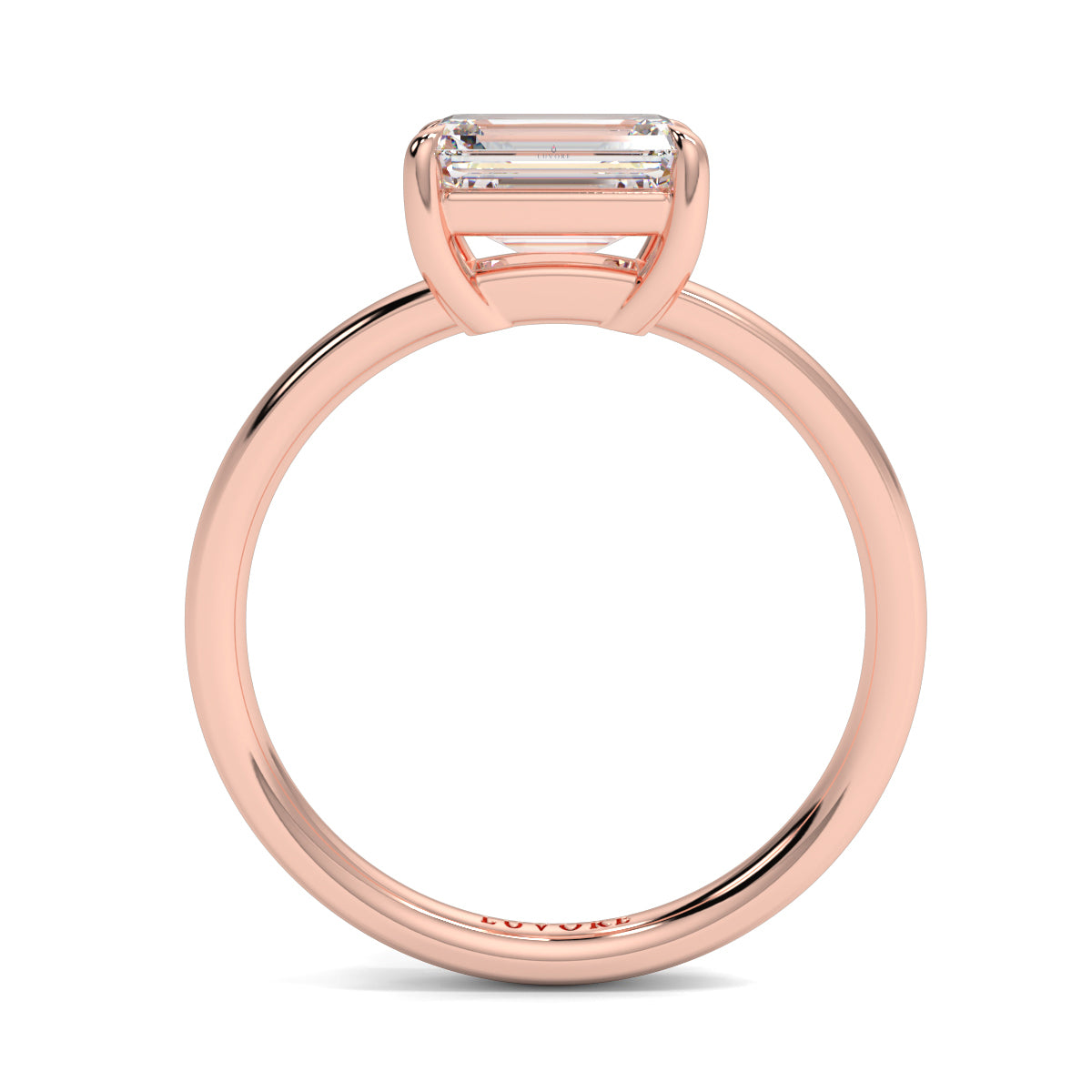 Rose gold ring with a rectangular diamond on a white background yb jewellers 4 claw emerald diamond engagement ring best selling design with a thin band 