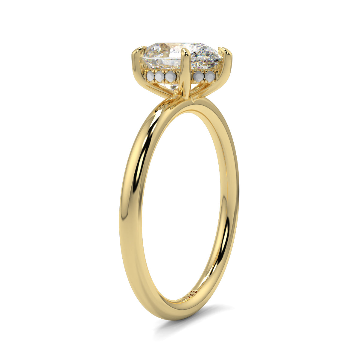 Gold ring with a large diamond on a white background _yb_jewellers_solitaire_engagement_ring_best_selling_design_cushion_shape_diamond_4_claw_with_a_slim_band