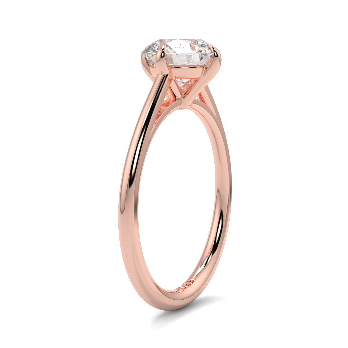Rose gold ring with a diamond on a white background yb jewellers 4 claw compass claw best selling engagement ring thin band 4 claw ring