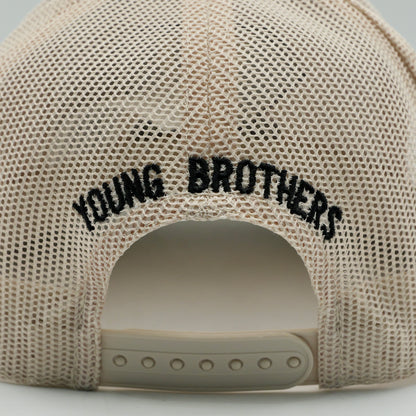 Beige mesh cap with 'YOUNG BROTHERS' text on a light gray background