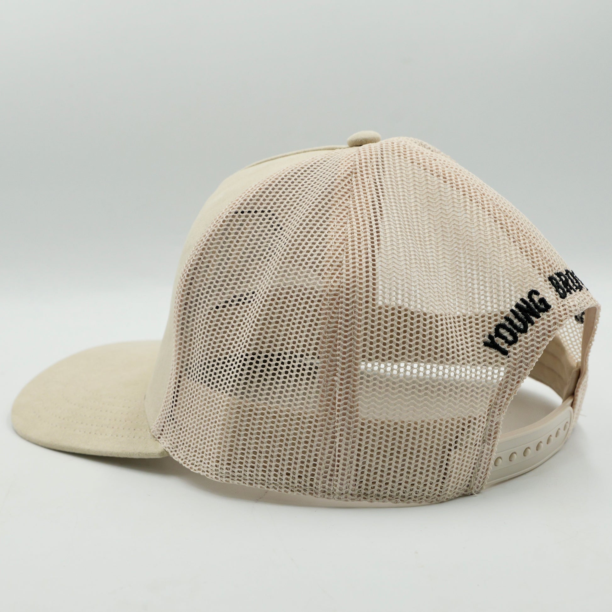 Beige mesh cap with 'YB Jewellers ' branding on a light gray background