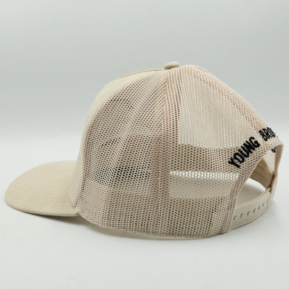 Beige mesh cap with 'YB Jewellers ' branding on a light gray background