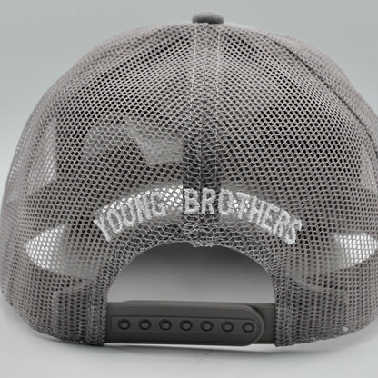 Gray mesh cap with 'Young Brothers' branding on a light gray background