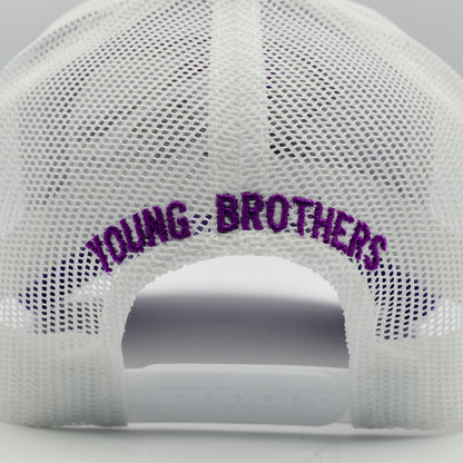 White mesh cap with 'YOUNG BROTHERS' text in purple on a white background