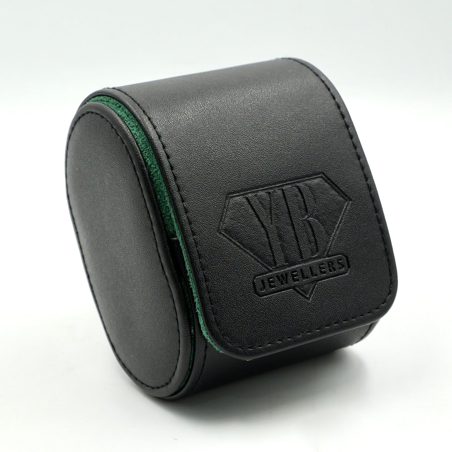 Black jewelry box with a visible brand logo on a white background