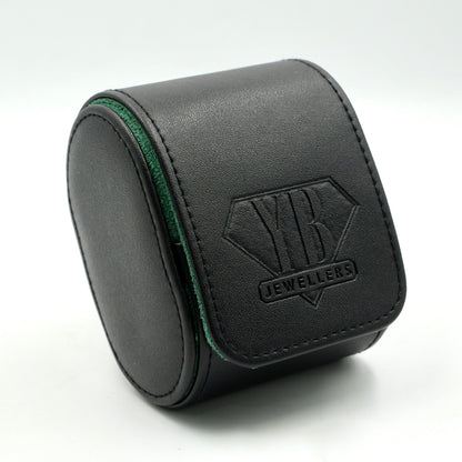 Black jewelry box with a visible brand logo on a white background