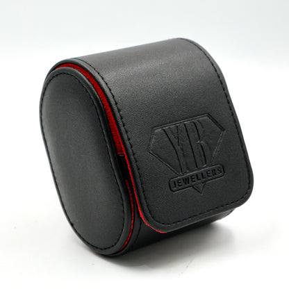 Black jewelry box with red interior on a white background