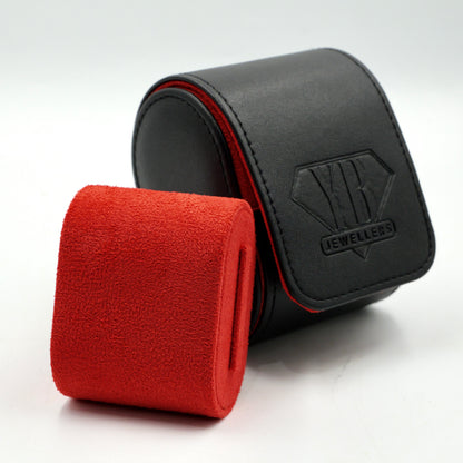 Black jewelry box with red interior and visible brand logo on a white background