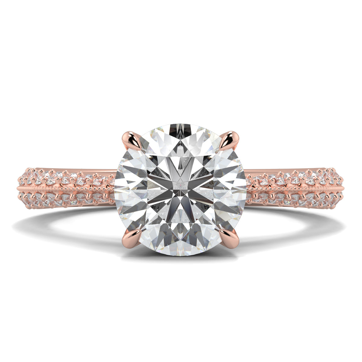 Rose gold diamond ring with a large central diamond and smaller diamonds on the band against a white background  YB Jewellers