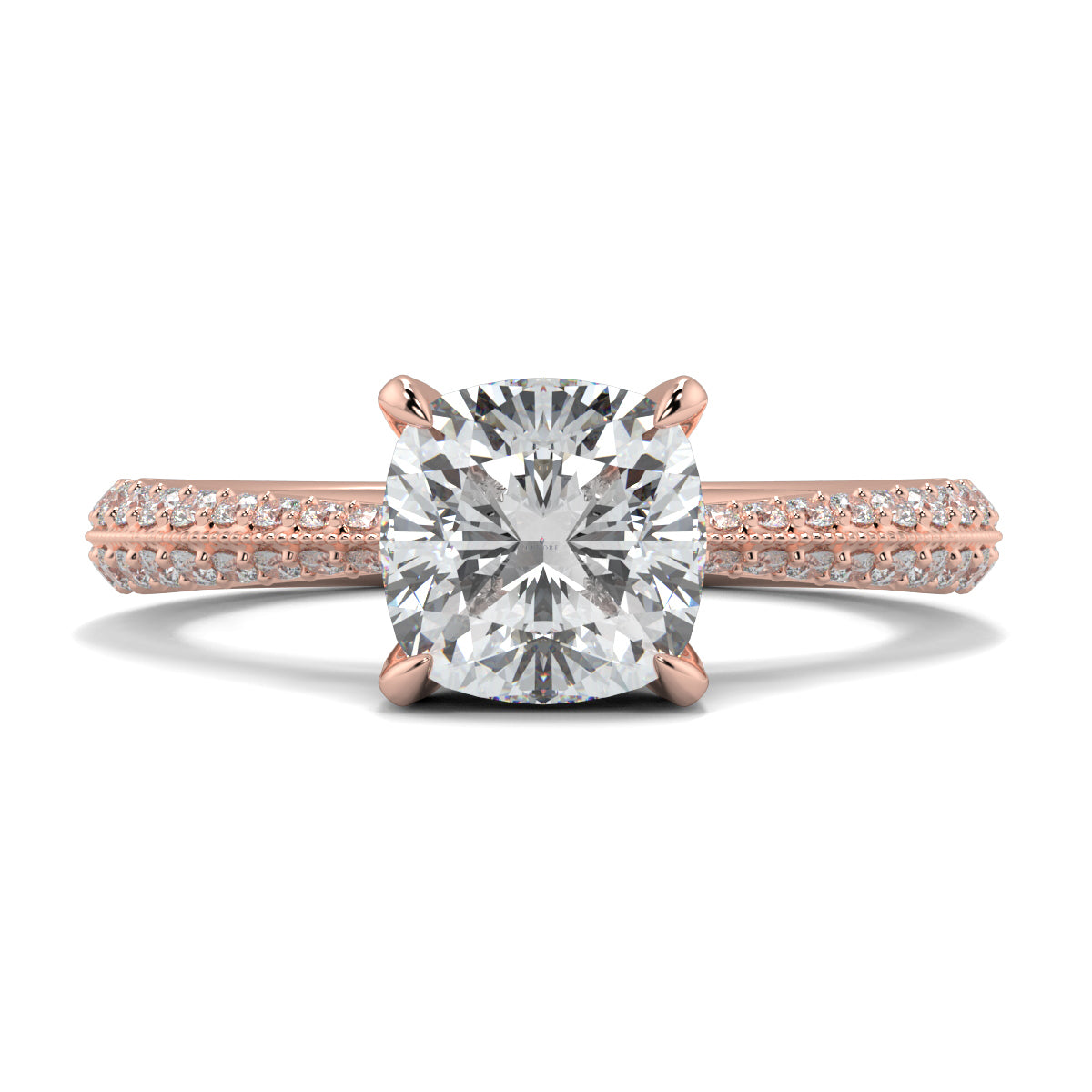Rose gold ring with a large diamond and smaller diamonds on the band against a white background yb jewellers