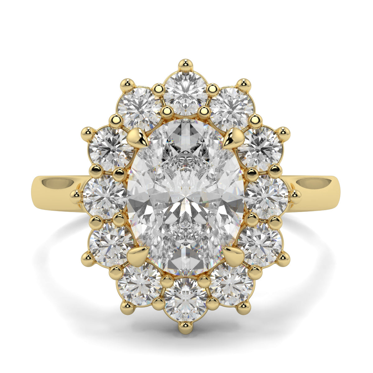 Gold ring with a central diamond and smaller diamonds around on a white background, Yb jewellers engagement ring with a cluster halo and oval diamond trending design 