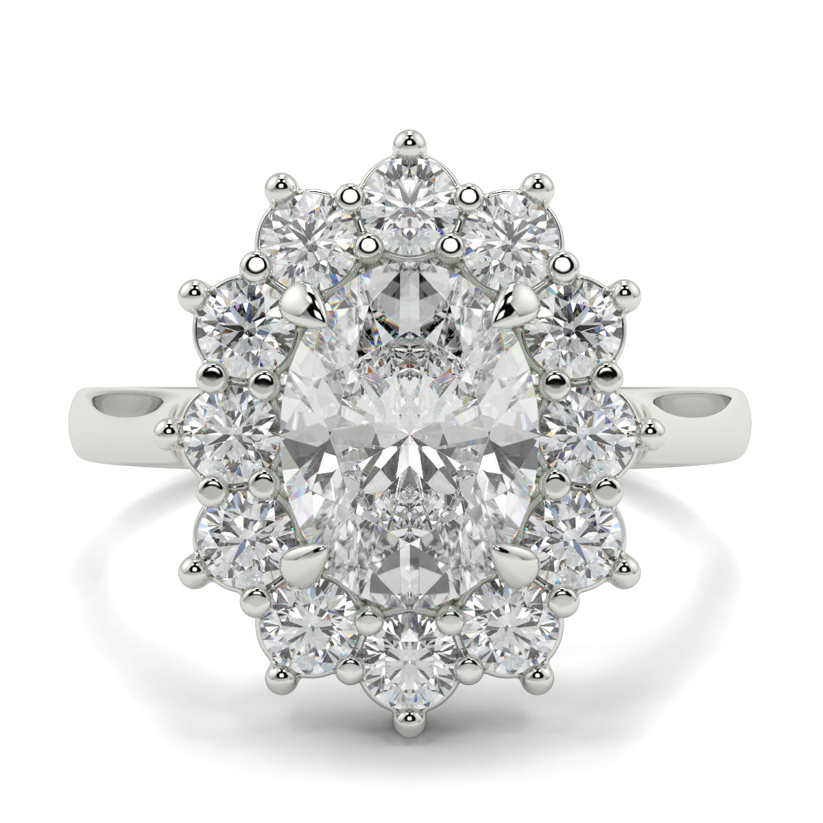 Diamond ring with a central gemstone and smaller diamonds on a white background Yb jewellers engagement ring with a cluster halo and oval diamond trending design 