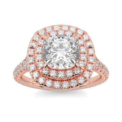 Rose gold ring with a large diamond and smaller diamonds on a white  Yb jewellers trending design double halo ring background