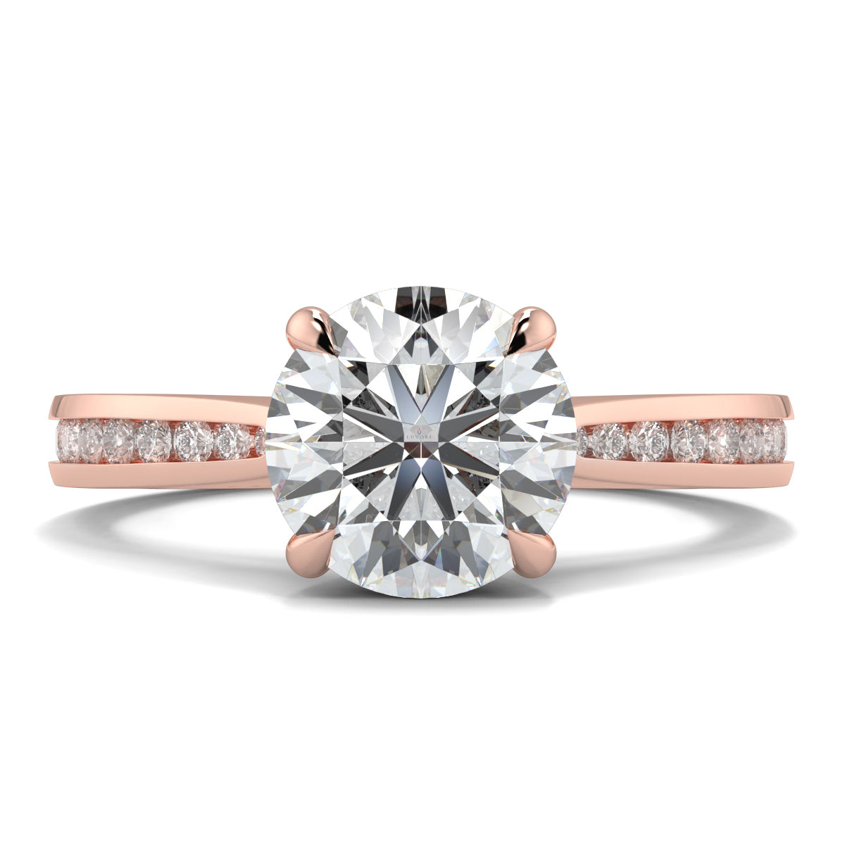Rose gold ring with a large diamond and smaller diamonds on the band against a white background Yb jewellers engagement ring straight band 