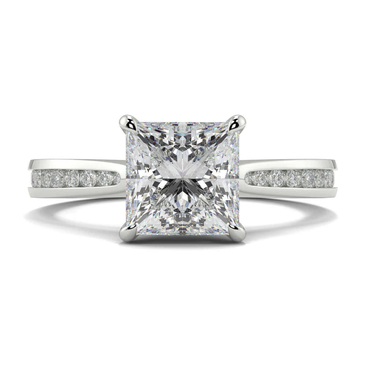Diamond ring with a square-cut center stone on a white background Yb jewellers engagement ring straight band