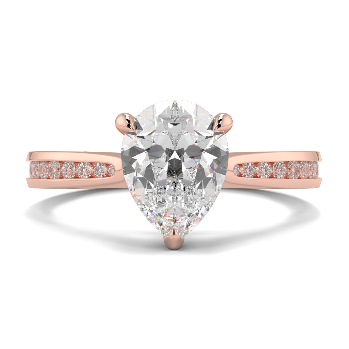 Rose gold ring with a pear-shaped diamond and smaller diamonds on the band against a white background Yb jewellers engagement ring straight band