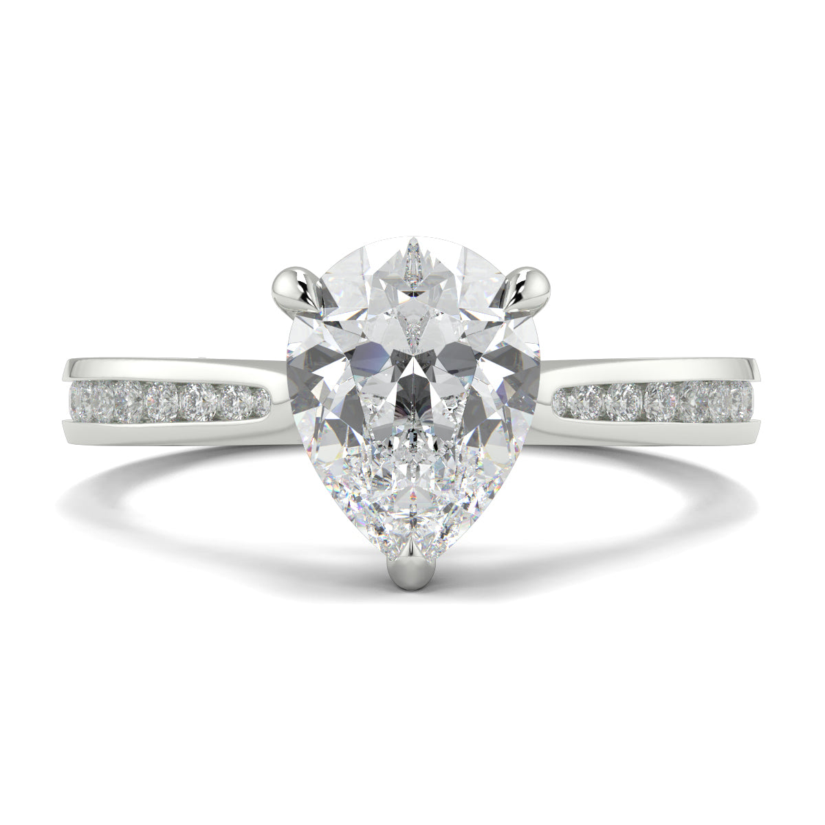 Diamond ring with a pear-shaped center stone on a white background Yb jewellers engagement ring straight band