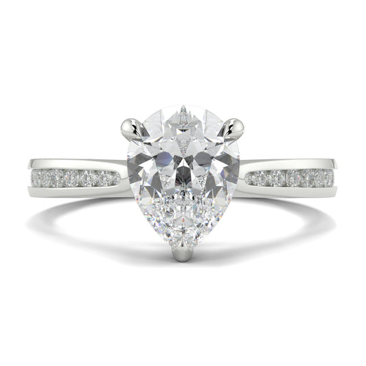 Diamond ring with a pear-shaped center stone on a white background Yb jewellers engagement ring straight band