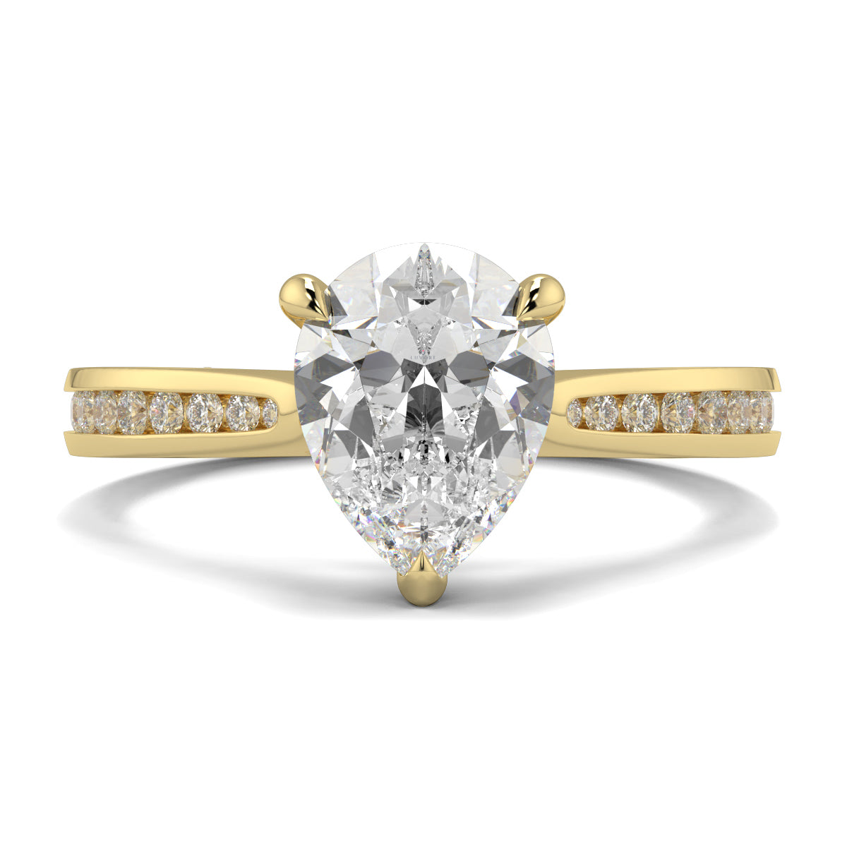 Gold ring with a pear-shaped diamond on a white background Yb jewellers engagement ring straight band