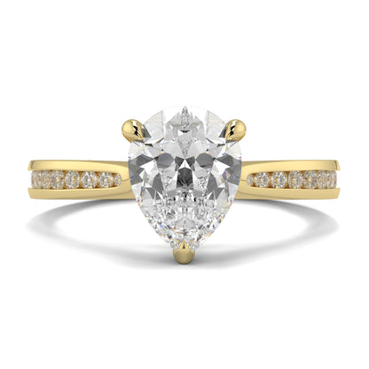 Gold ring with a pear-shaped diamond on a white background Yb jewellers engagement ring straight band