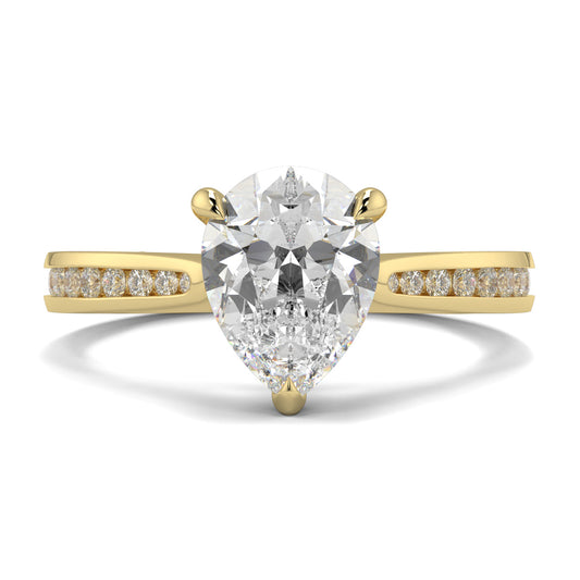Gold ring with a pear-shaped diamond on a white background Yb jewellers engagement ring straight band