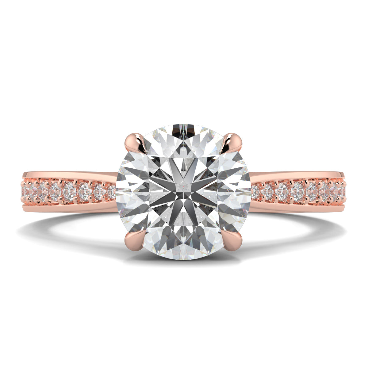 Rose gold ring with a large diamond and smaller diamonds on the band against a white background Yb jewellers engagement ring straight band